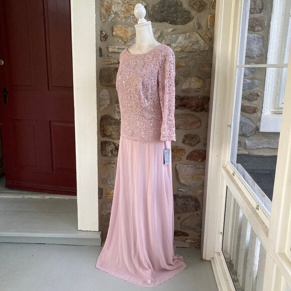 NWT Alex Evenings Long Gown Sequin Lace Bodice & Chiffon Skirt Pink $209 - Picture 4 of 12